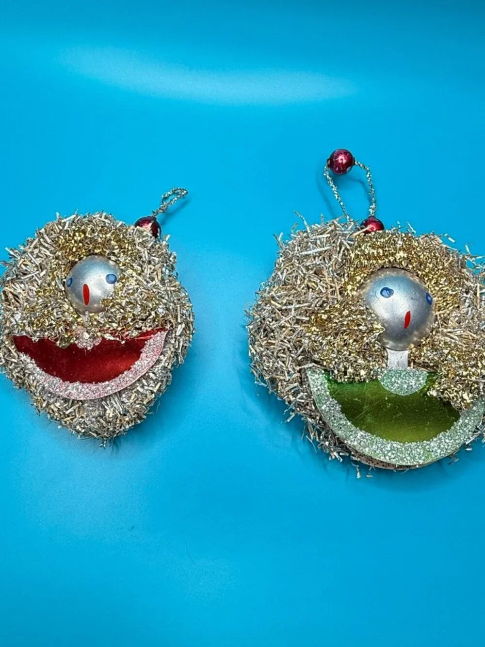 VTG Lot of 2 Tinsel Paper & Glass Bulbs Christmas Choir Angel Handmade Ornaments